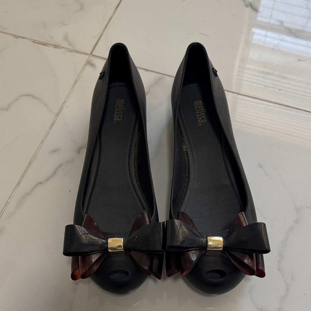 Melissa Women's Black Flats with Brown Bow